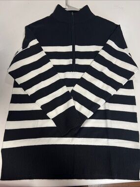 Striped Half-Zip Turtleneck Sweater - Black & White